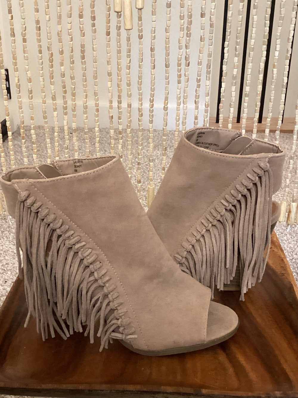 Rampage Taupe Suede Fringe Peep-Toe Ankle Boots